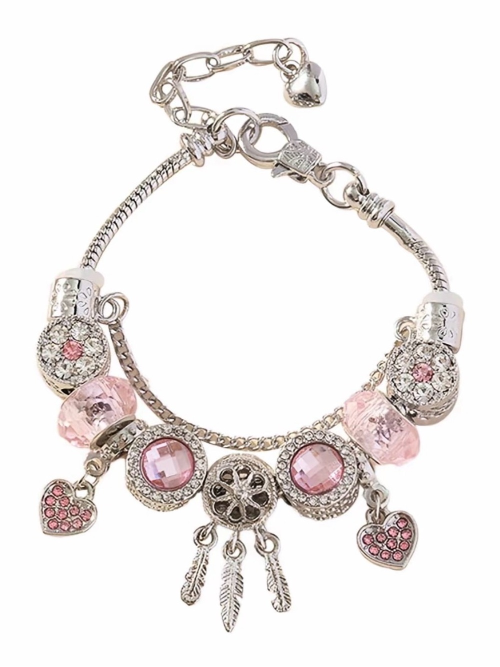 Silver Dreamcatcher Charm Bracelet Charm Bracelet with Pink Heart Charms